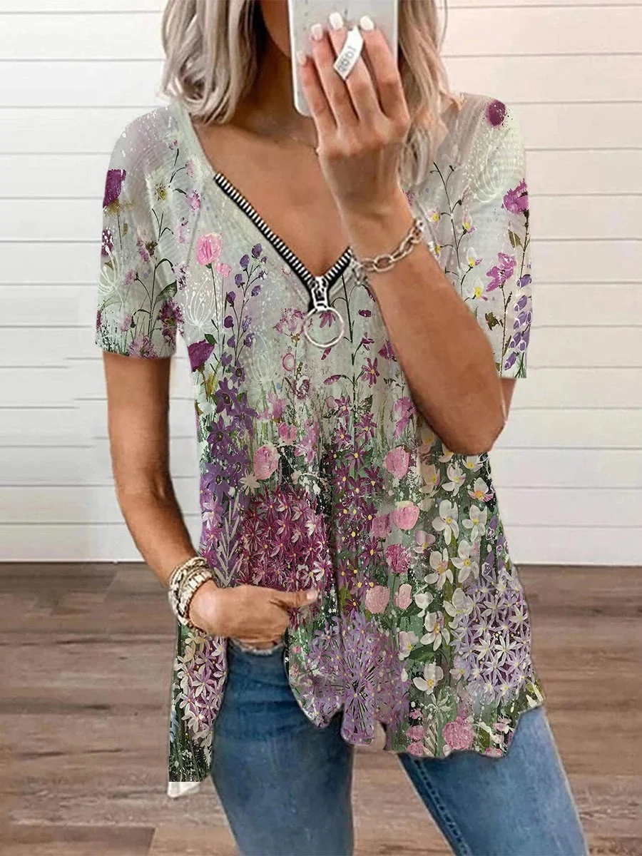 Floral A-Line Short Sleeve Statement Shirts & Tops