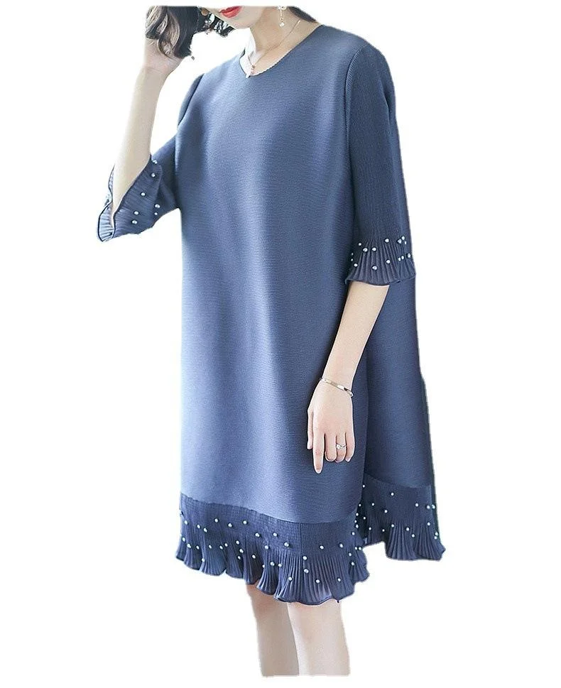 Round neck beaded pleated mid-length lace dress
