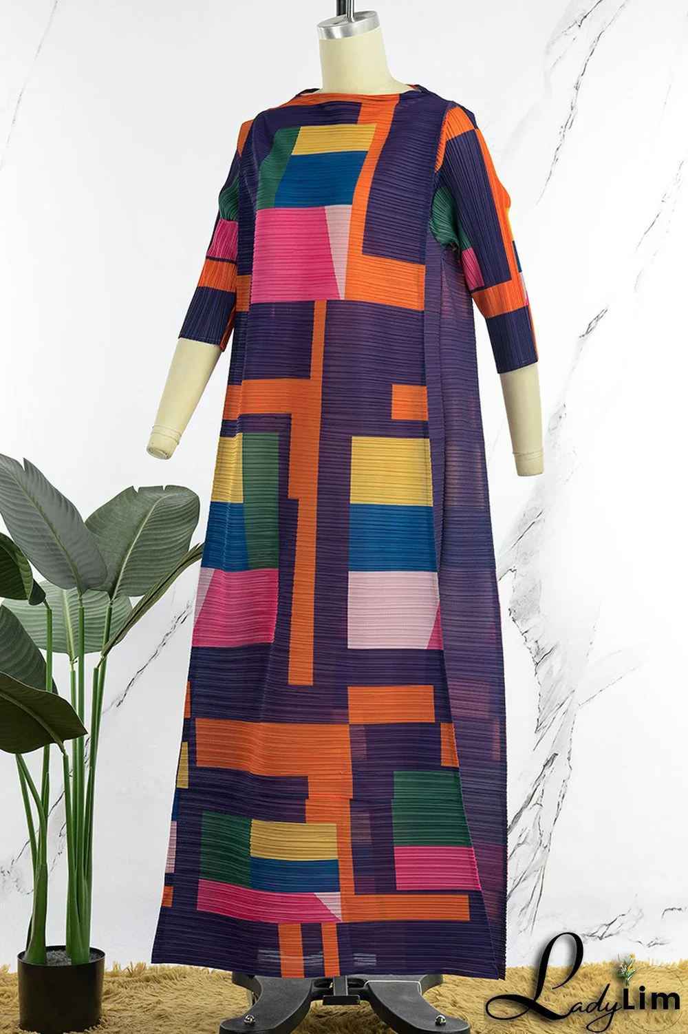 Light Coffee Street Geometric Print Patchwork O Neck Long Dress Dresses