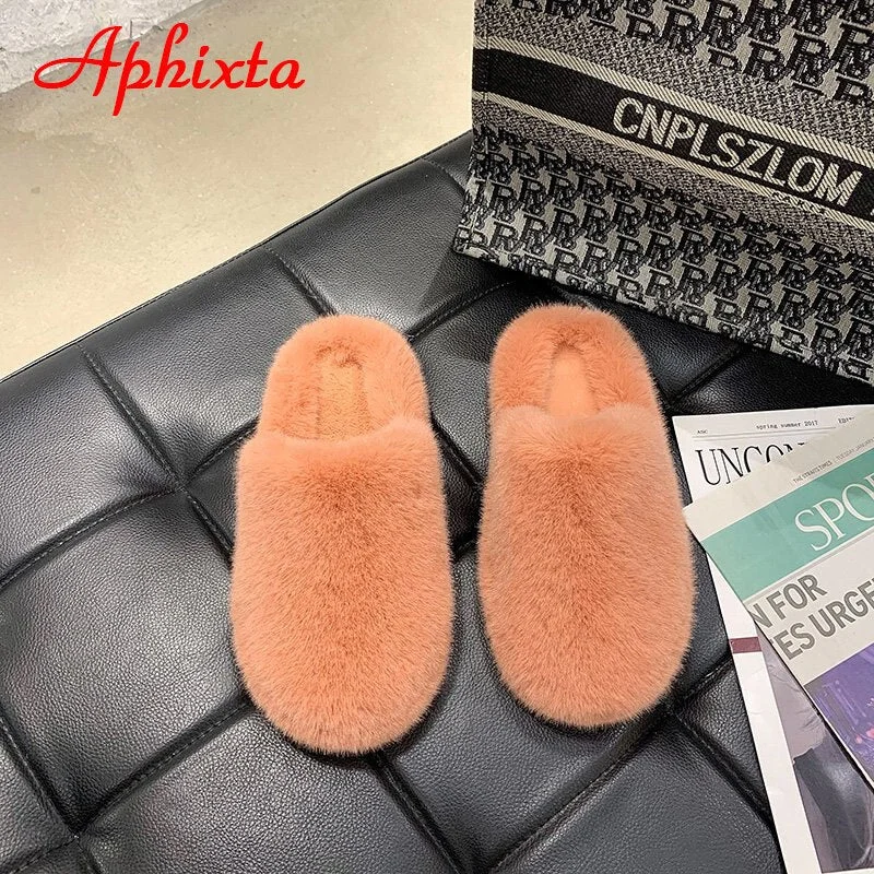 Aphixta New Home Winter Warm Hairy Shoes Women Flat Heel Mules Fashion Furry Slides Round Toe Indoor Fur Slippers Big Size 41 42