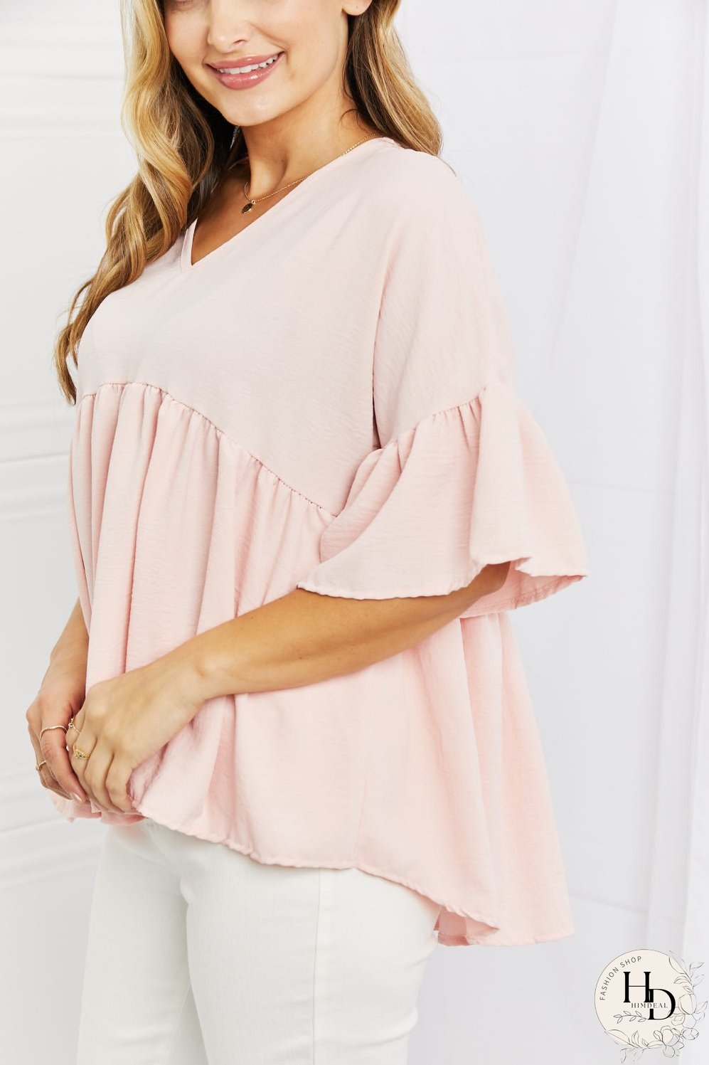 Celeste Look At Me Full Size Flowy Ruffle Sleeve Top in Pink