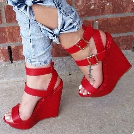 Red Buckle Platform Wedge Sandals with Open Toe Vdcoo