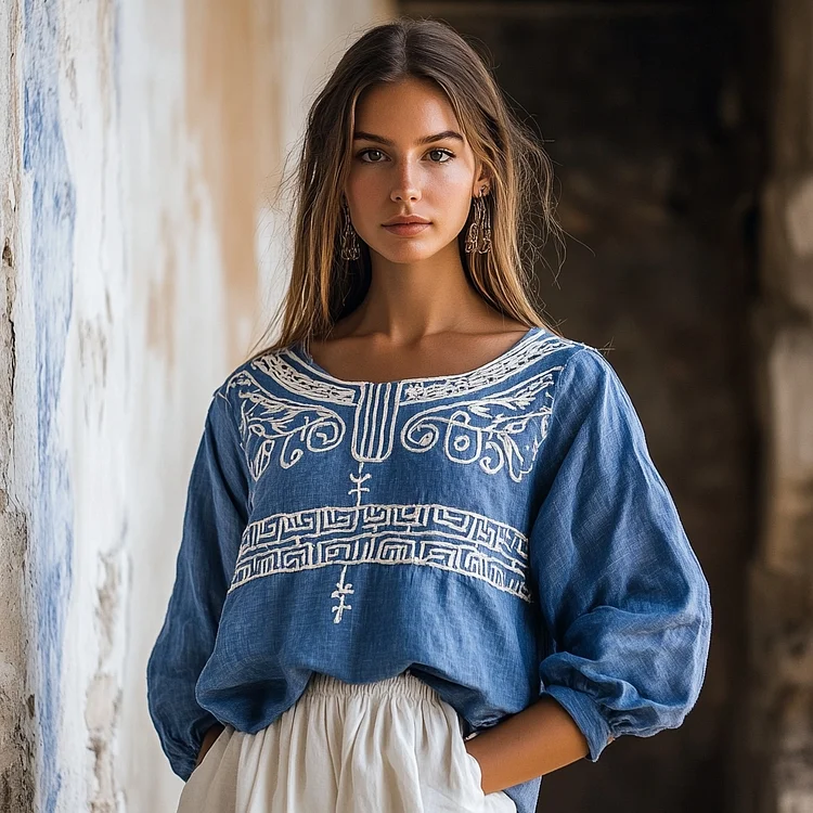 VChics Vintage Greek Key Motif Cretan Embroidery Linen Blend T-shirt