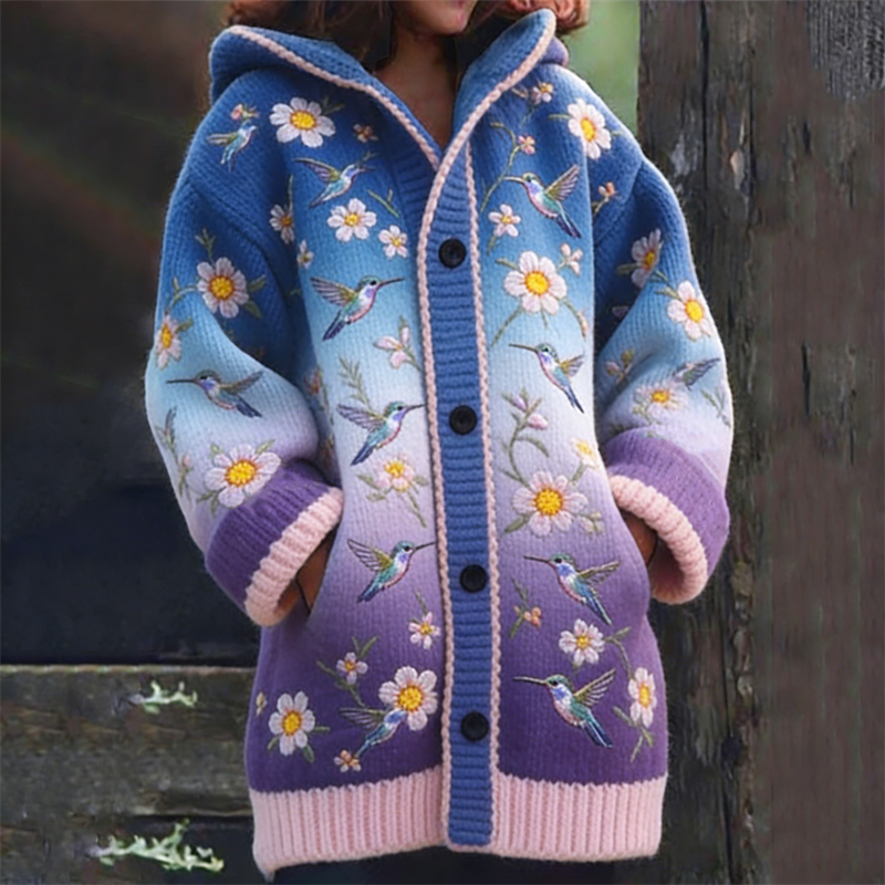 Elegant Humming Birds Floral Gradient Cozy Knit Hooded Cardigan wearshes