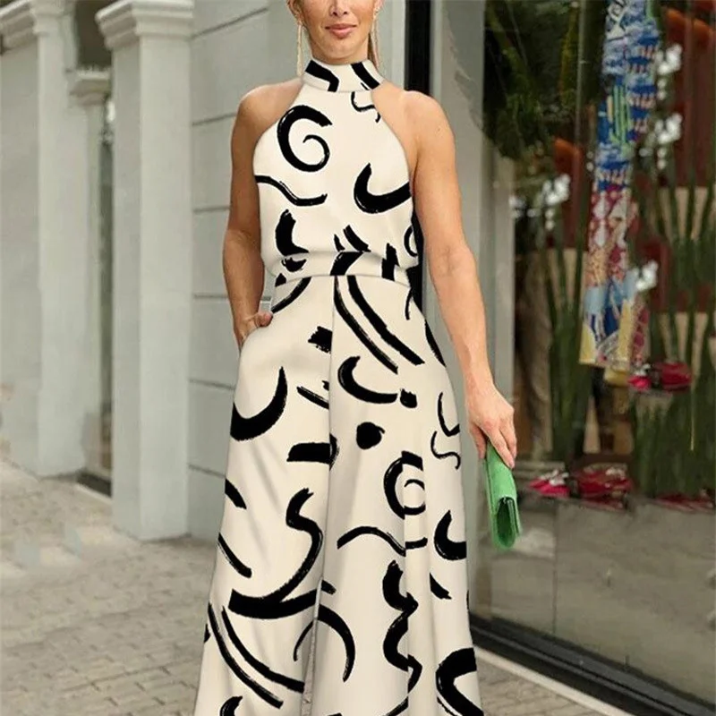 Uveng Uveng 2024 Women's Ins New Fashion Round Collar Sexy Print Jumpsuit