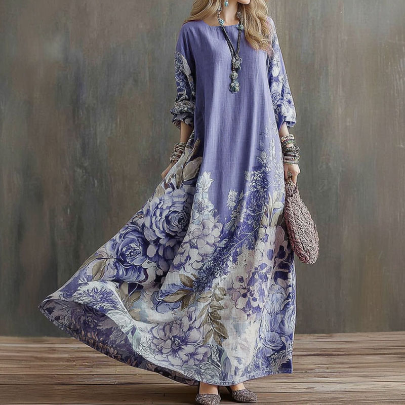 Comstylish Women's Floral Art Print Linen Blend Round Neck Long Sleeve Dress