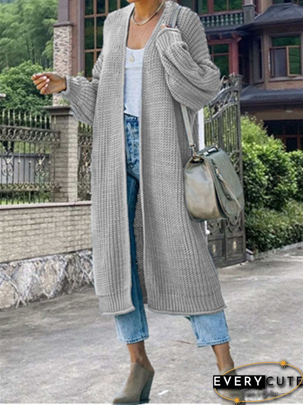 Curled Coarse Thread Solid Long Knitted Coat