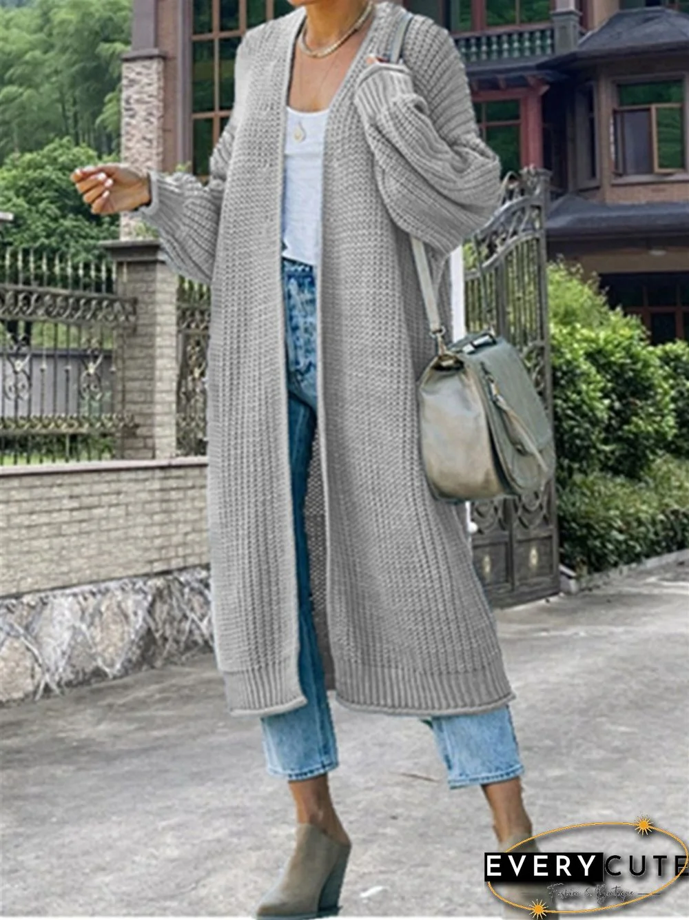 Curled Coarse Thread Solid Long Knitted Coat