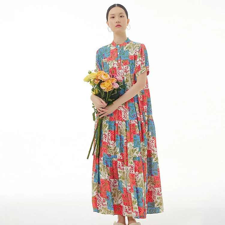 Vintage Half Stand Collar Colorblock Floral Printed Short Sleeve Dress