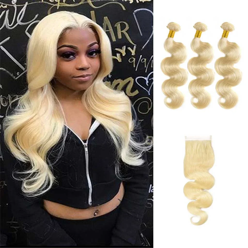 12A 3PCS + 4X4/5X5 Transparent Lace Closure Body Wave 613 Blonde Hair 3 Bundles With Closure