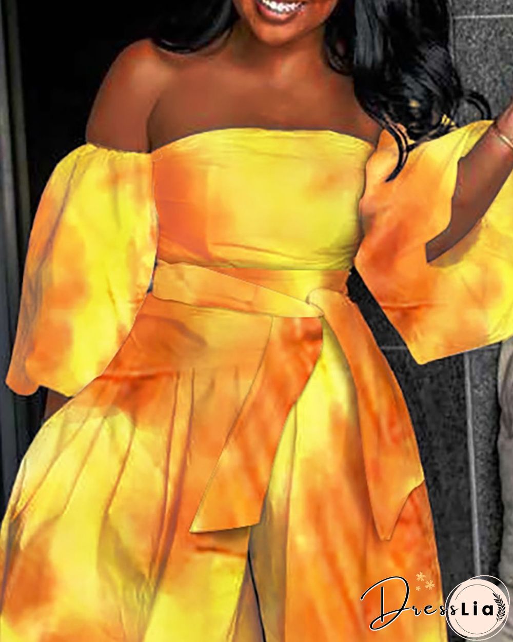 Off Shoulder Lantern Sleeve Tie Dye Print Wide Leg Jumpsuit