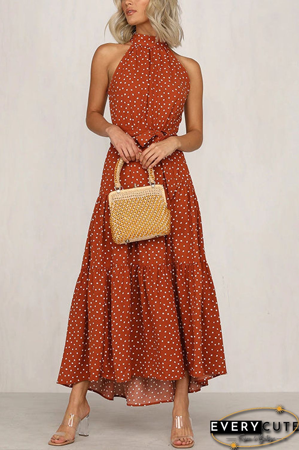 Print Belted Sleevelss Maxi Dress