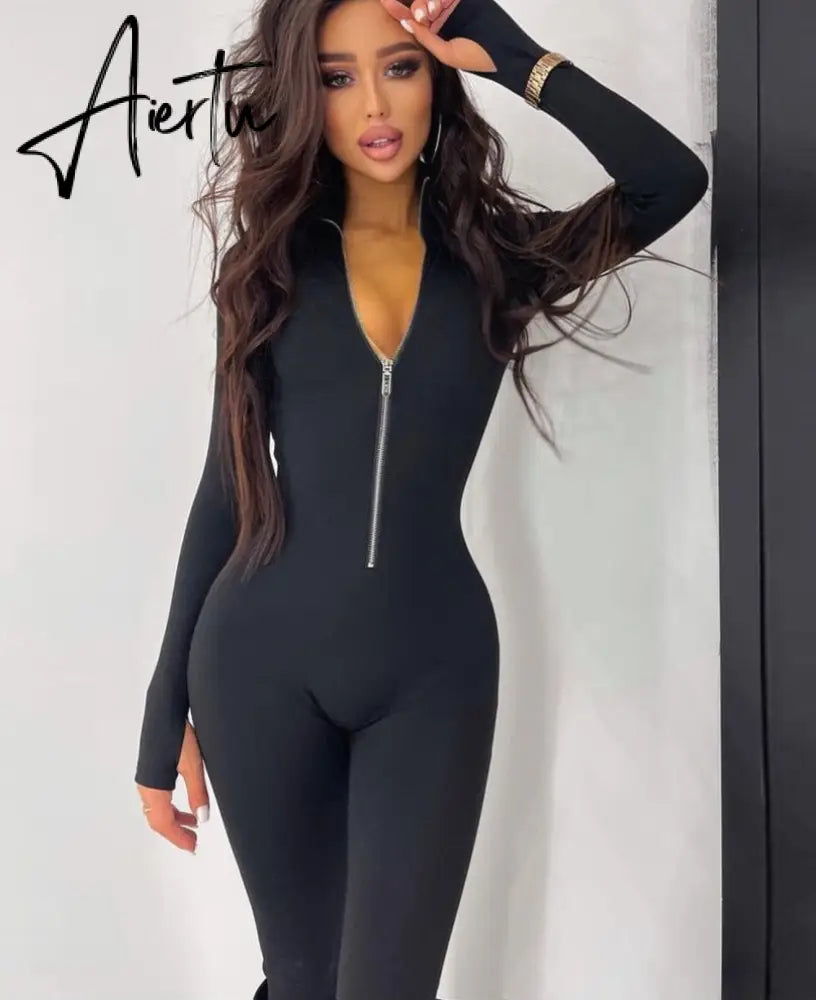 Zipper Neck Solid Long Sleeve Jumpsuit Women Fall Slim Monos Mujer Elegante комбинезон женский Combinaison Femme Aiertu