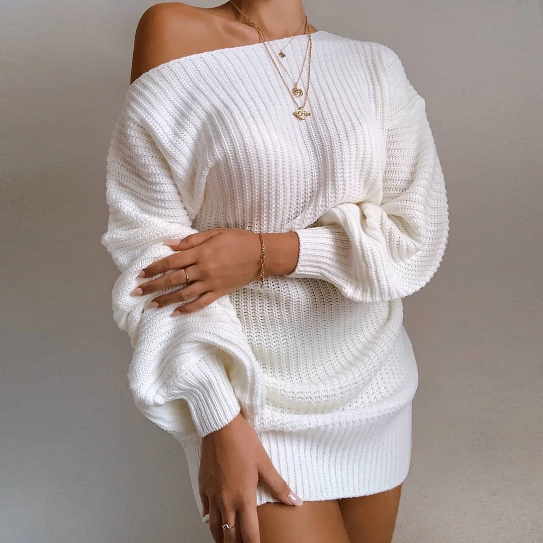 Autumn and Winter Casual Off Shoulder Knitted Wool Dress | EGEMISS