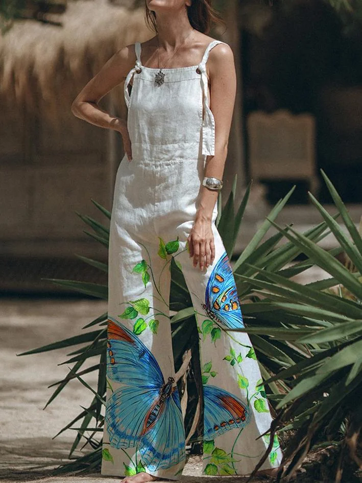 Retro butterfly print casual overalls