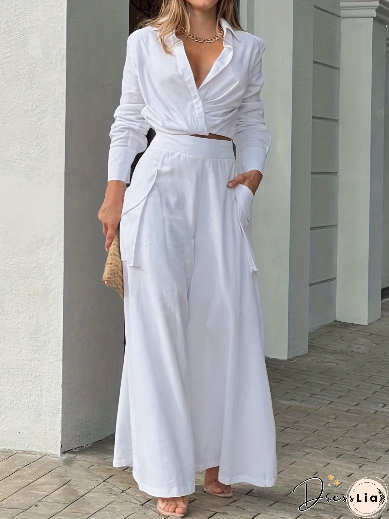 Casual Matching Two-piece Set, Long Sleeve Blouse & Wide Leg Pants Outfits, Women's Clothing