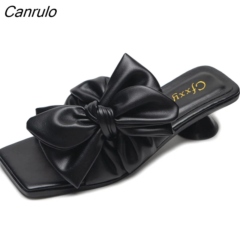 Canrulo Arrived Women Pumps big Bow Design High Heel Slippers Elegant Square Head Ladies Thin High-heeled Sandals Size 42 vc3210