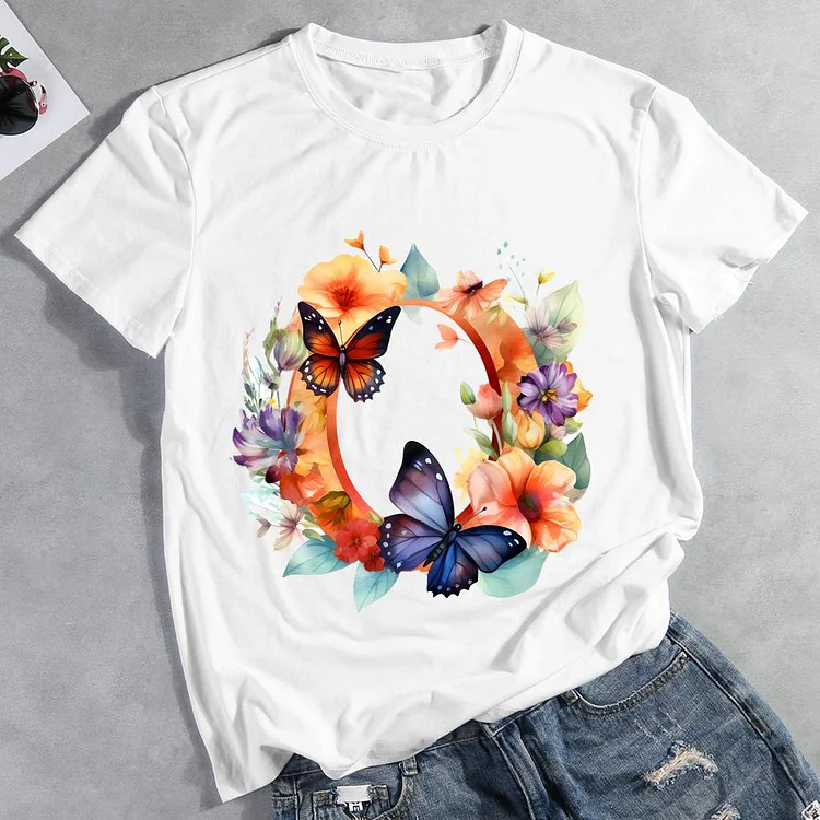Butterfly Alphabet O Round Neck T-shirt-Annaletters