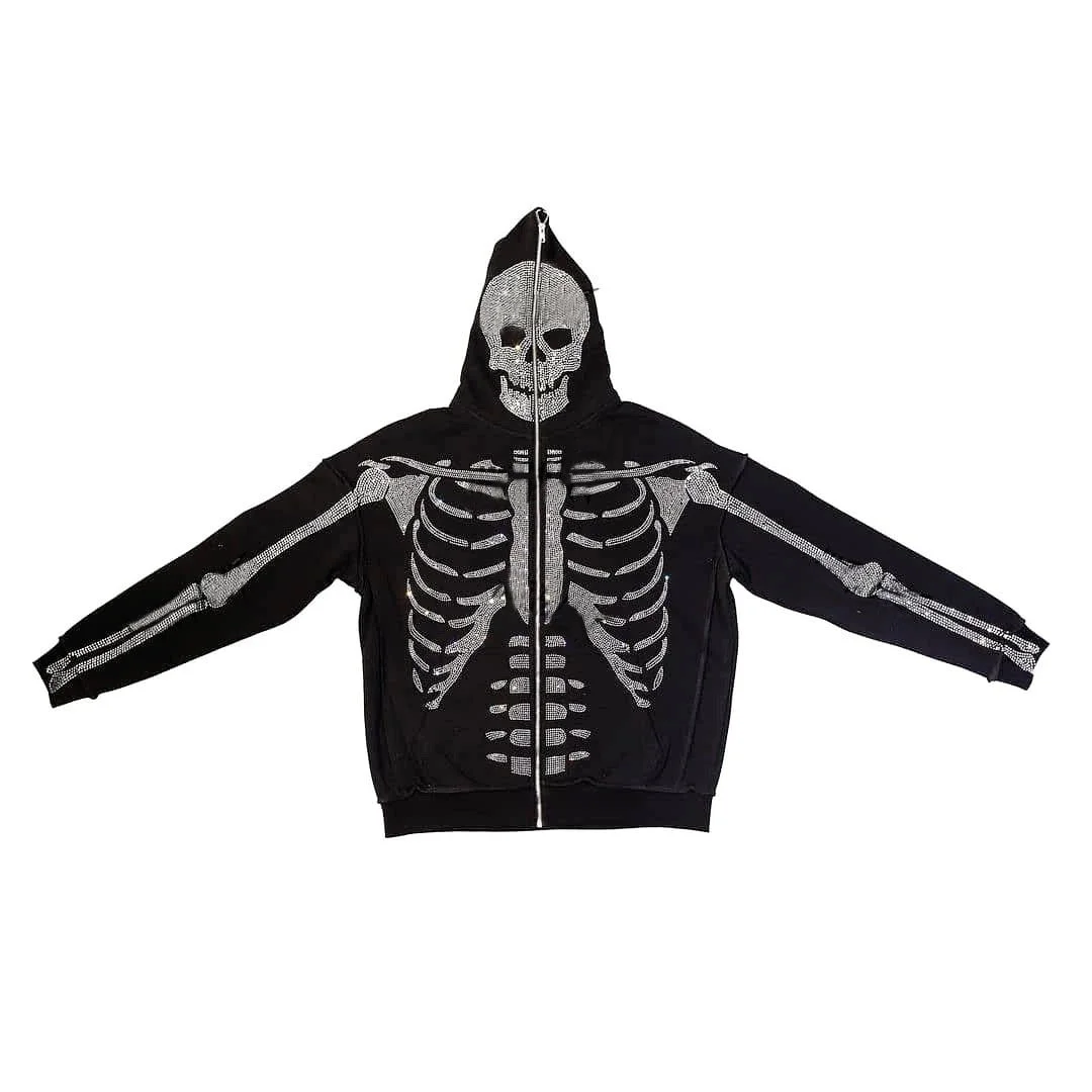 Uforever21 2023 Autumn New Fall Outfits Skeleton Rhinestone Hoodie Full Zip Up Women Cyber Y2K Hooded Sweatshirts Gothic Autumn Winter Jacket Female Clothes