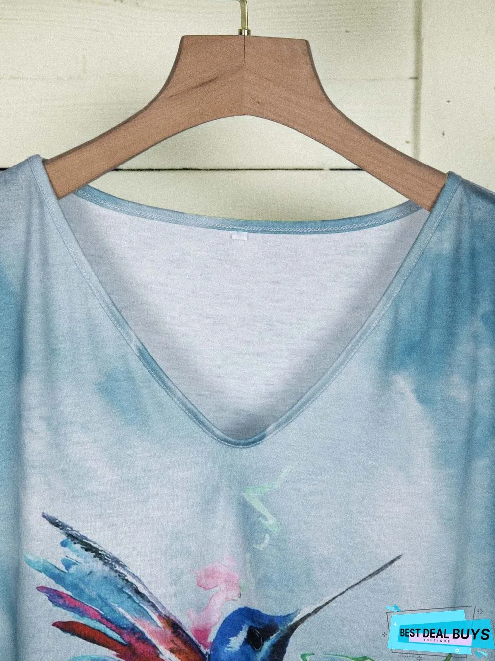 Bird Print V Neck Cotton-Blend Short Sleeve T-Shirts
