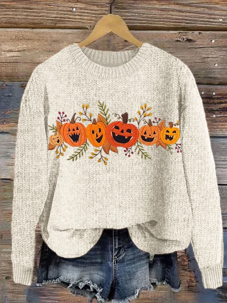 Comstylish Halloween Pumpkin Embroidery Pattern Knit Sweater