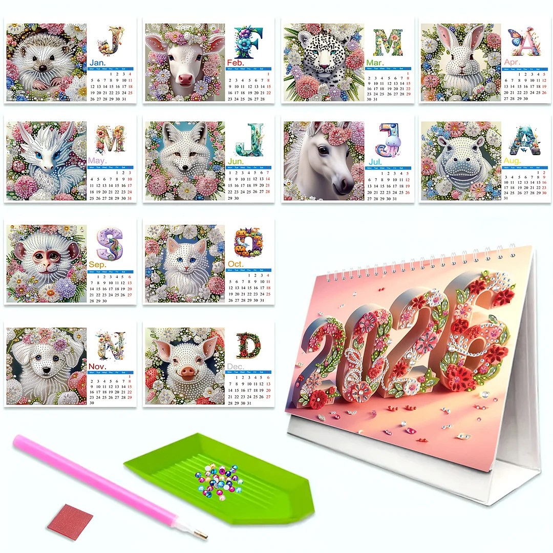 2026 Calendar Diamond Painting Kit Animal DIY Diamond Art Desk Calendar