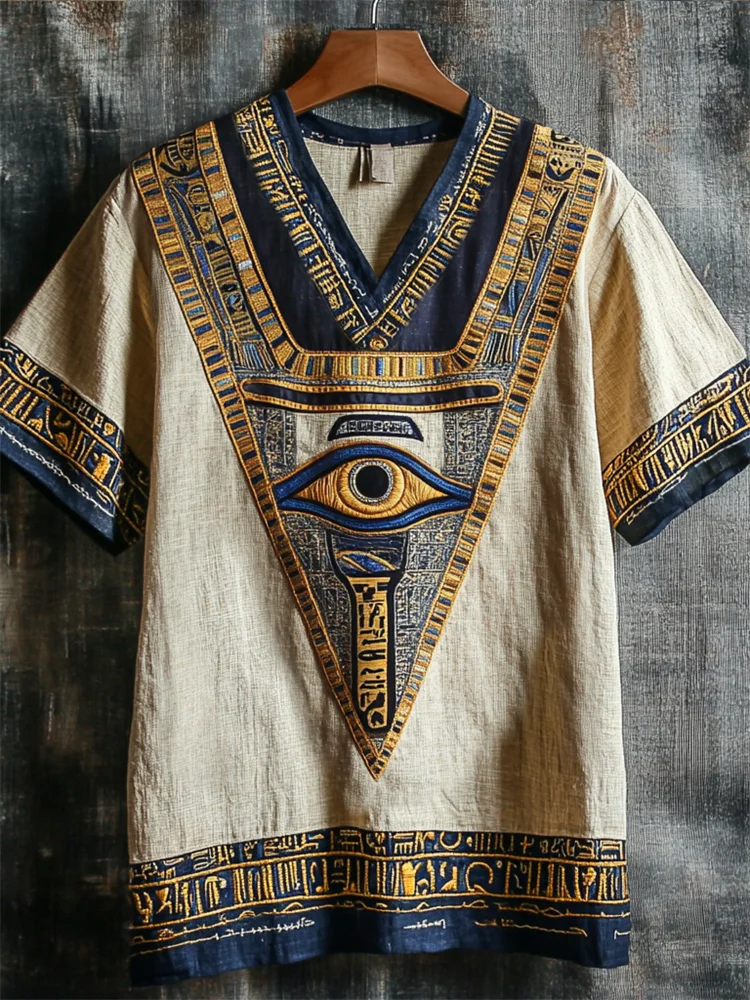 Ancient Egyptian Eye Of Horus Embroidered Contrast Linen Shirt