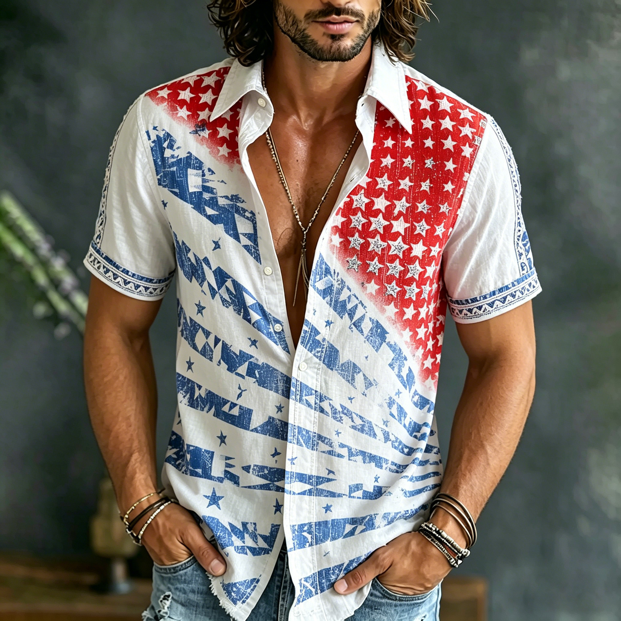  Men's Vintage Flag Wave Art Print Flowy Linen Blend Short Sleeve Shirt Westsshops