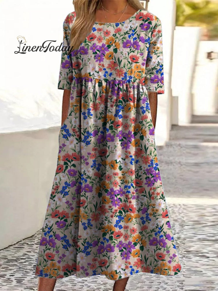 Vibrant Small Summer Floral Pattern Printed Women’s Pocket Cotton Dress Multicolor / S
