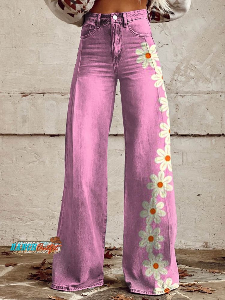 Women’s Pink Flower Print Casual Wide Leg Pants Multicolor / S