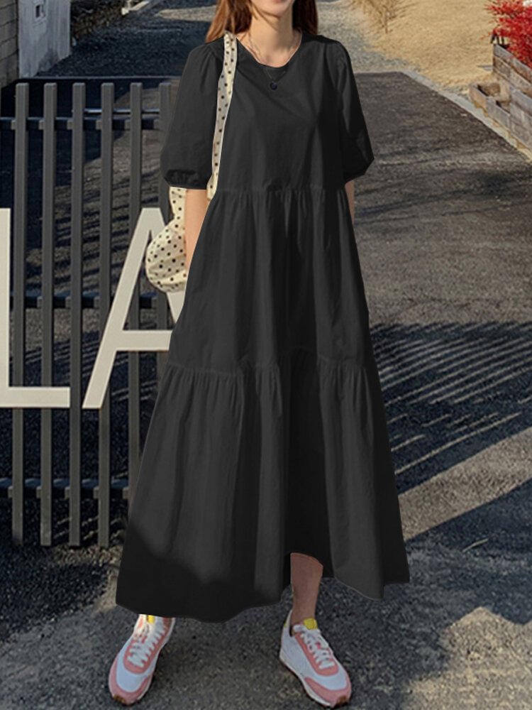 Solid Pocket Half Sleeve Ruffle Casual Cotton Maxi Dress - Shop Trendy Women's Fashion | TeeYours
