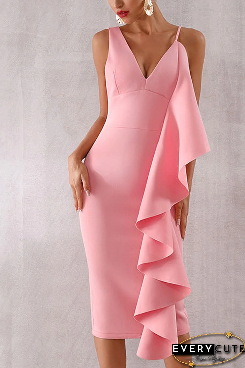 Pink Ruffle Trim Sleeveless Bodycon Party Dress