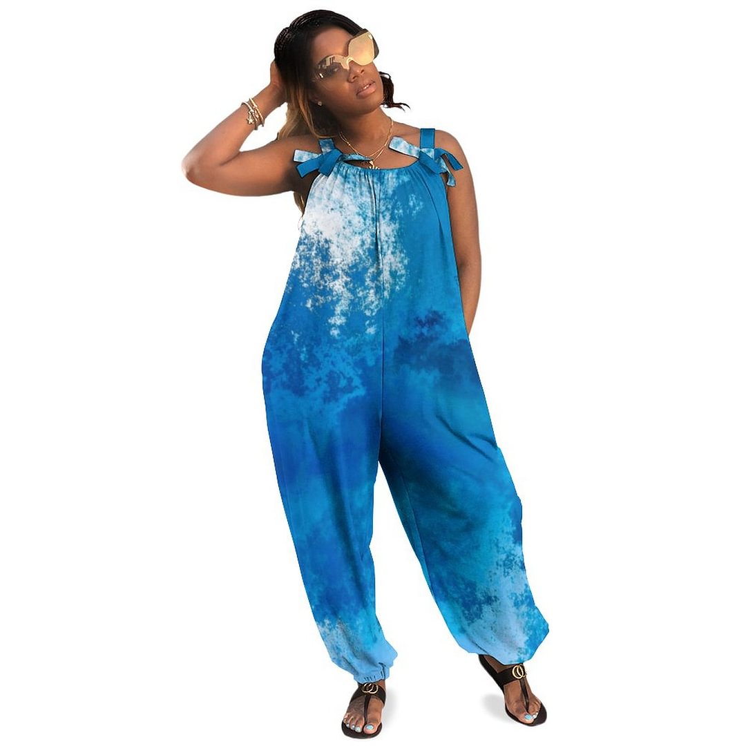 Elegant Abstract Blue Ocean Waves Acrylic Art Boho Vintage Loose Overall Corset Jumpsuit Without Top