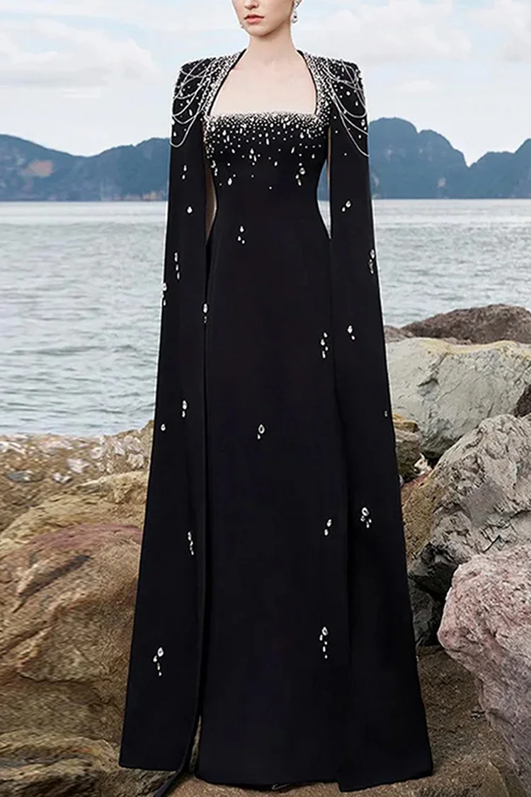 Rhinestone Beaded Chain Embellished Cape Sleeve Maxi Dress-Black