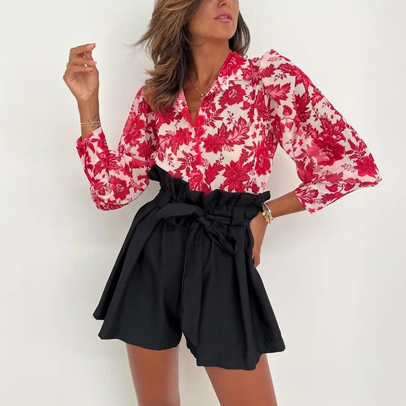 Women Elegant Long Sleeve Outifts Fashion Floral Print Lapel Button Tops&Solid Lace-up Shorts Set Autumn Casual High Street 2pcs