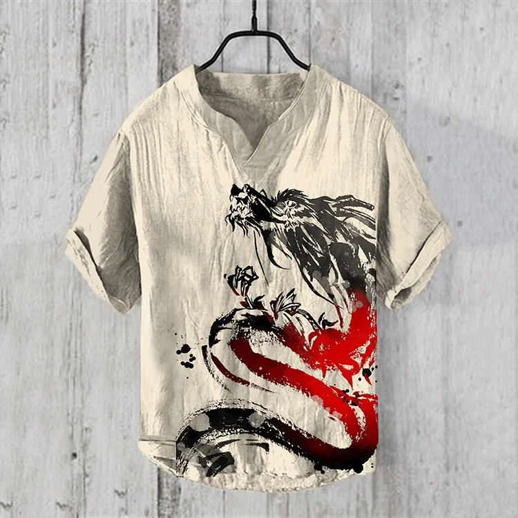 Dragon Ink Japanese Art Linen Blend Shirt