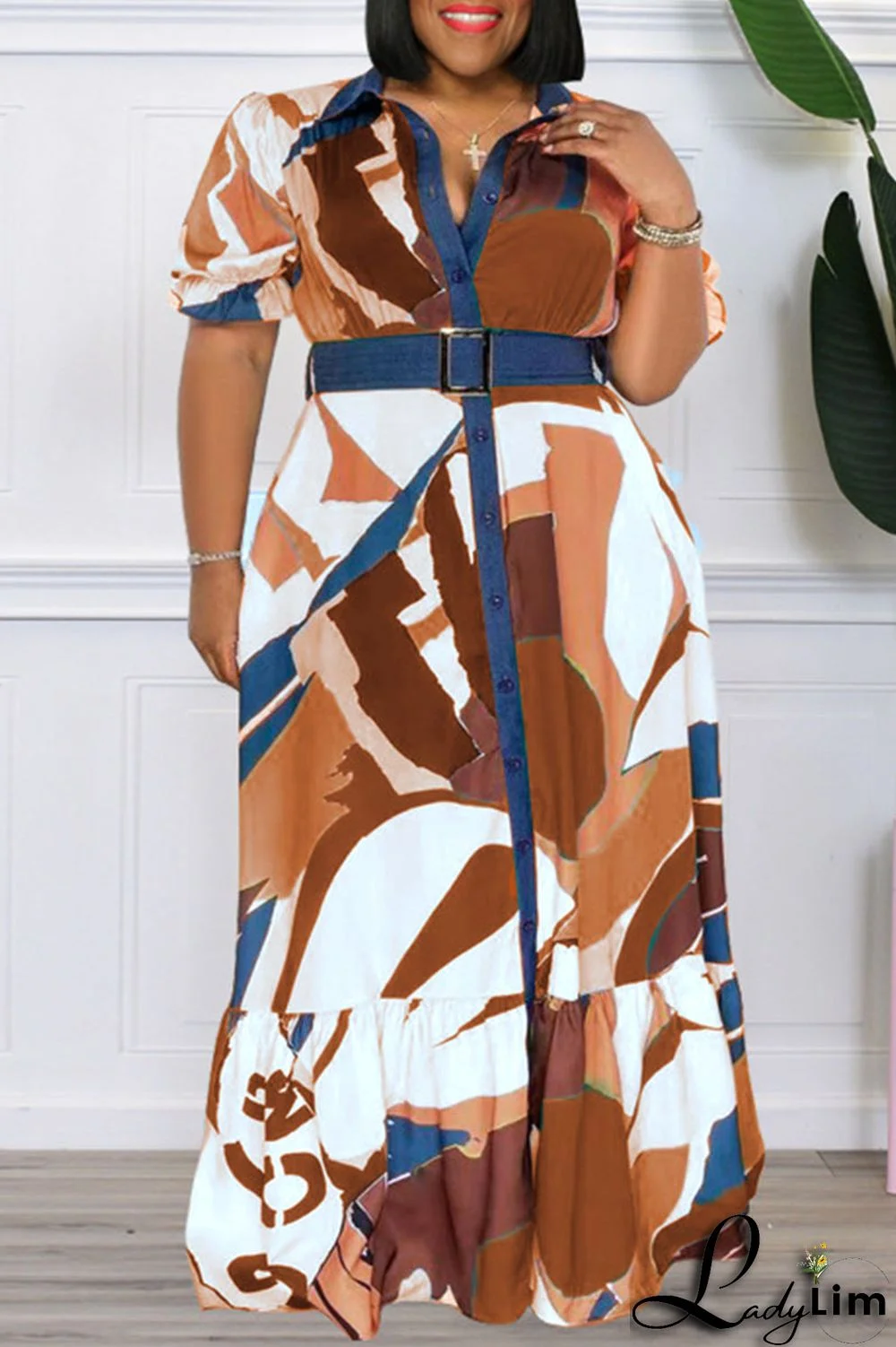 Tangerine Casual Print Patchwork Buckle Turndown Collar Straight Plus Size Dresses