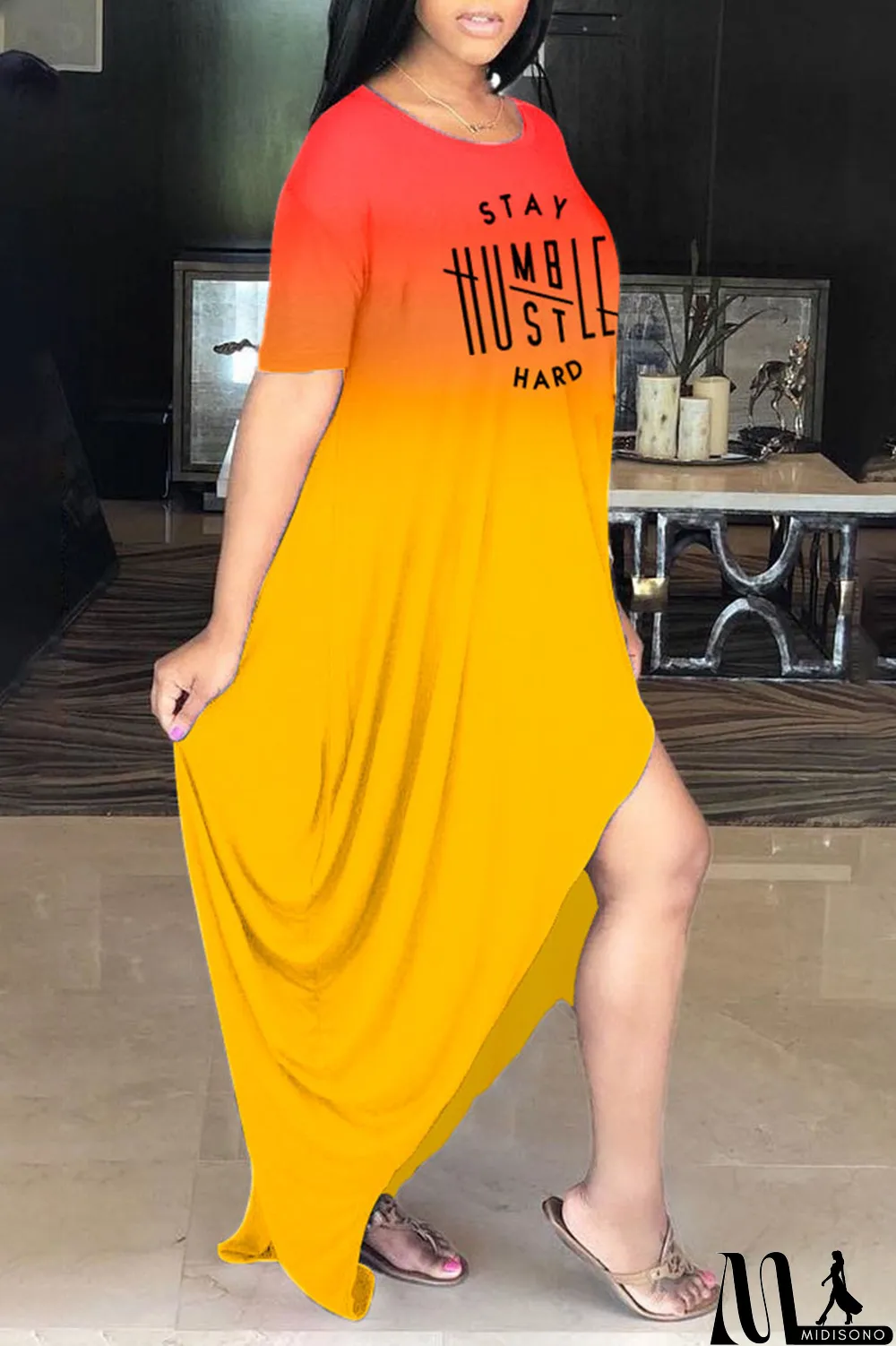 MidiSono - Yellow Casual Gradual Change Print Patchwork Asymmetrical O Neck Irregular Dress Dresses