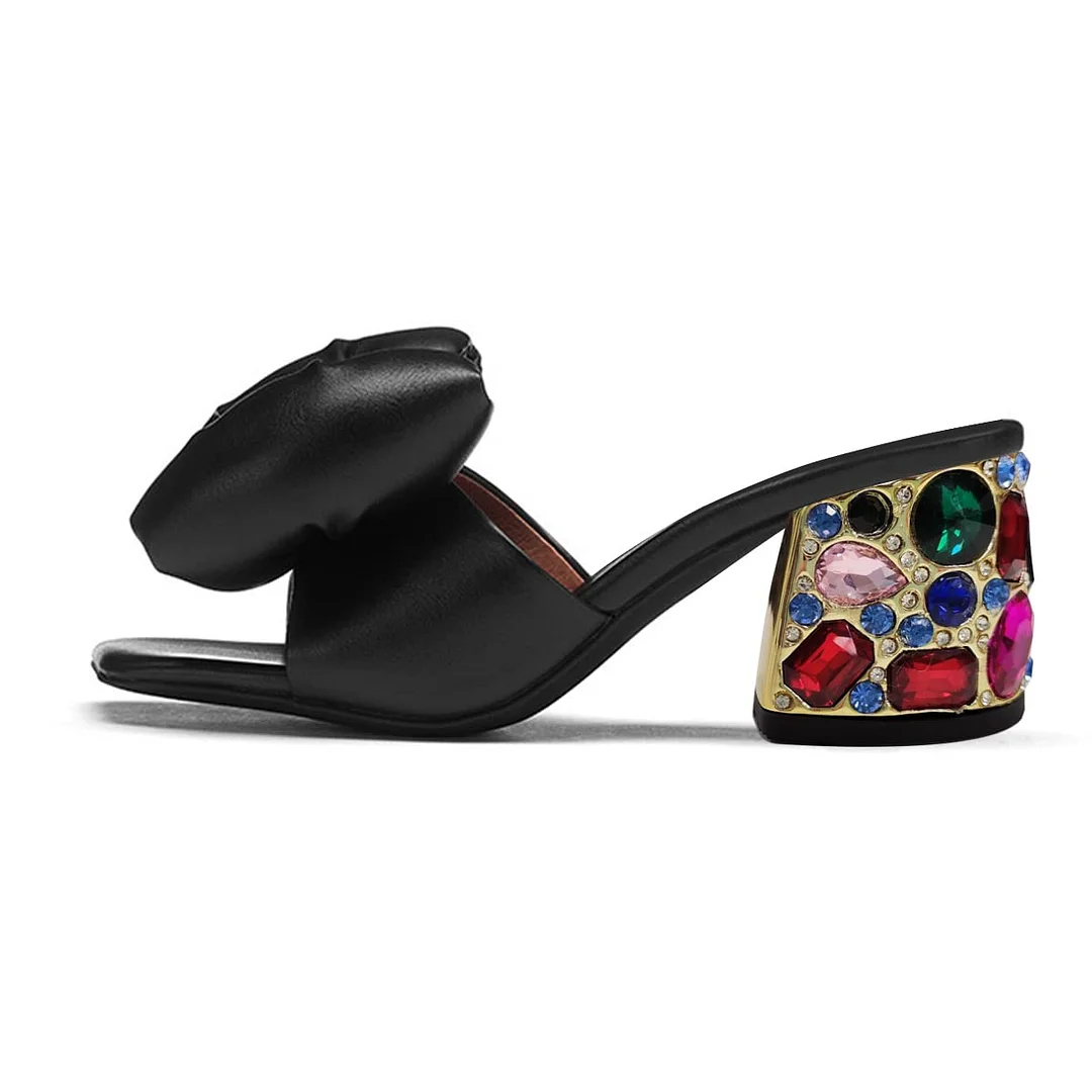 Black Vegan Leather Padded Bow Wide Band Mules with Decorative Heels