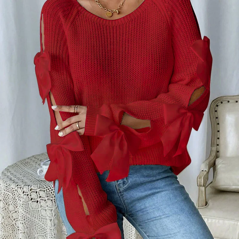 Athvotar Athvotar Autumn New French Round-Neck Bow Decorated Long-Sleeved Loose Knitted Jacket Sweater Woman