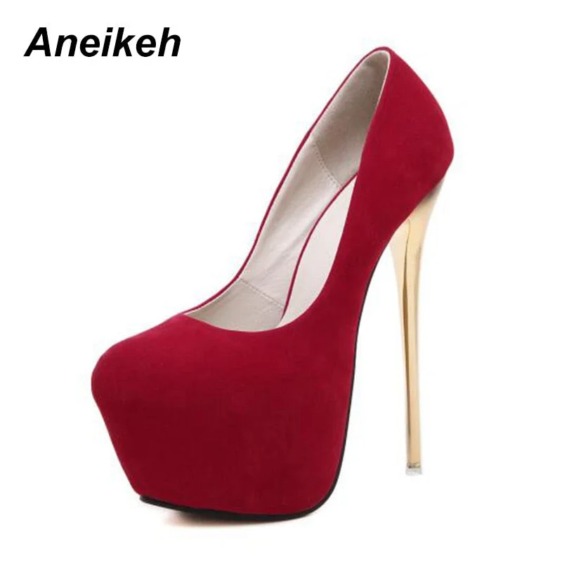Aneikeh Sexy Pumps Wedding Women Fetish Shoes Concise Woman Pumps Latform Very High Heel Stripper Flock Pumps 16 cm Size 44 45