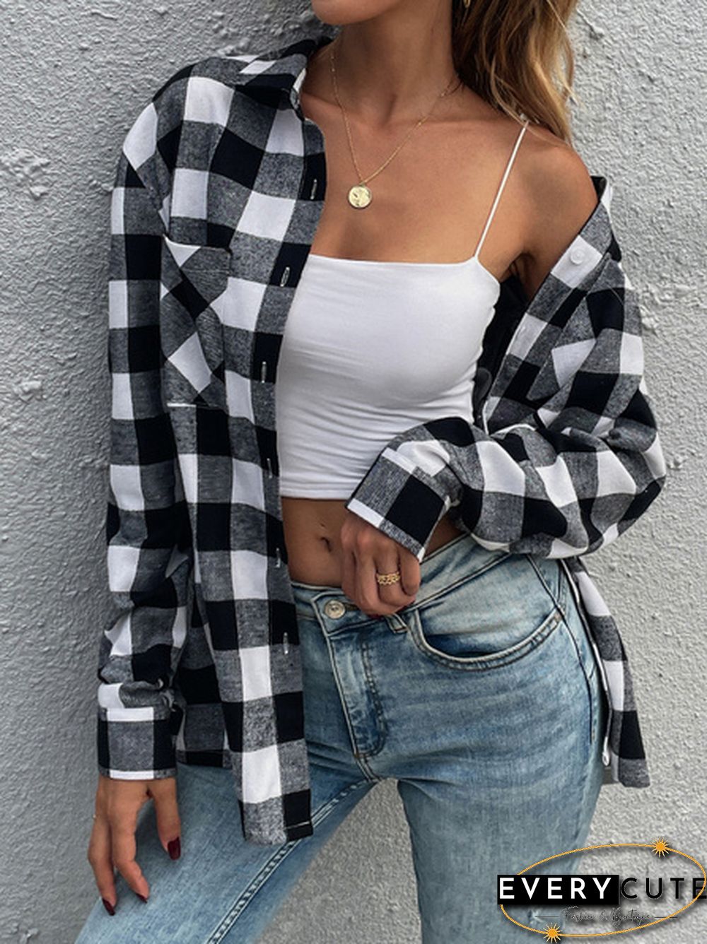 Plaid Drop Cardigan Lapel Long Sleeve Casual Top Shirt Blouse
