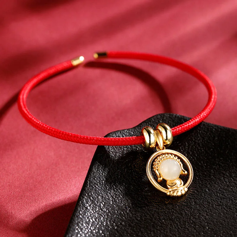 925 Sterling Silver Hetian White Jade Buddha Luck Red String Bracelet
