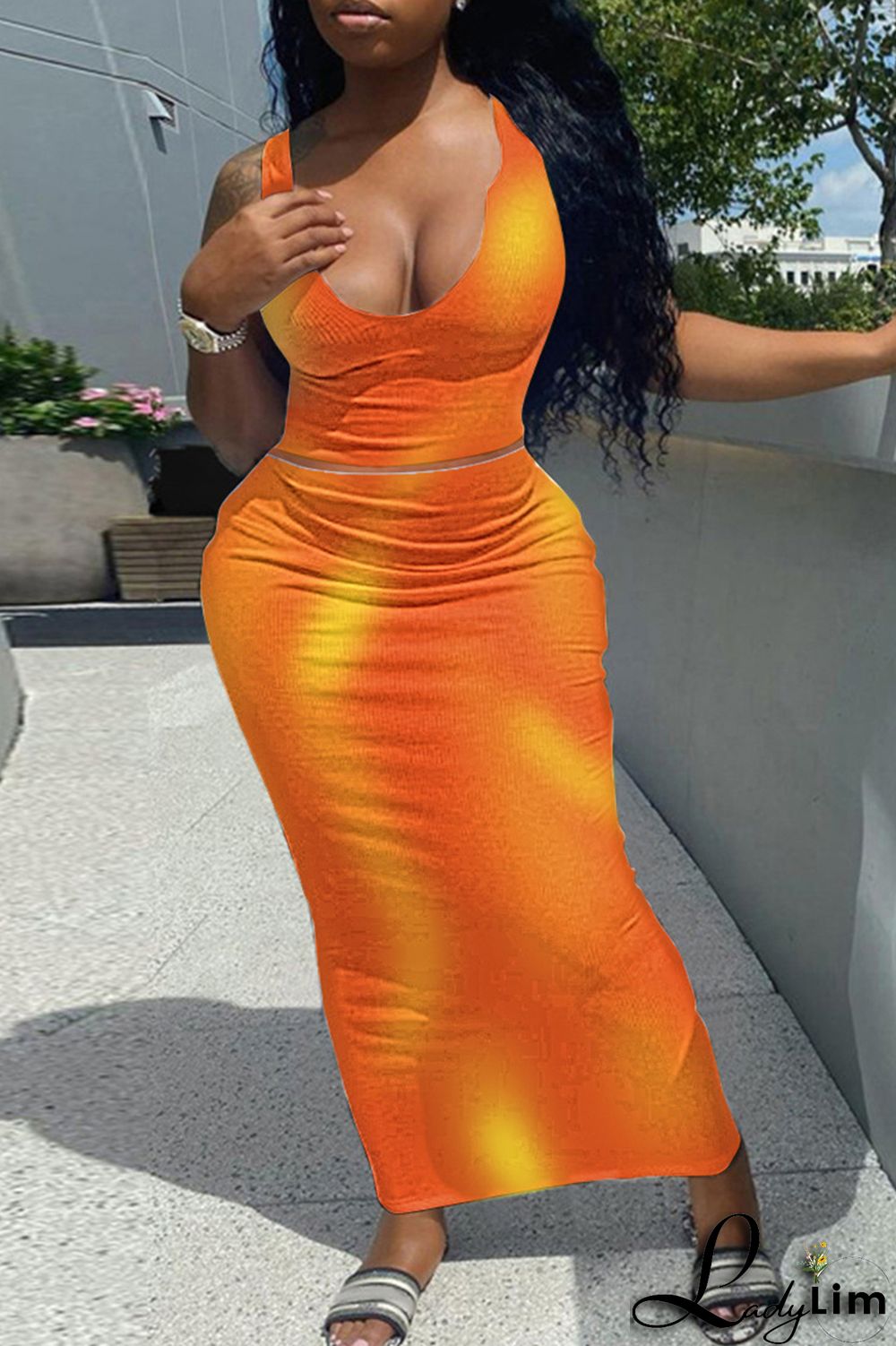 Green Fashion Sexy Print Tie-dye U Neck Sleeveless Two Pieces