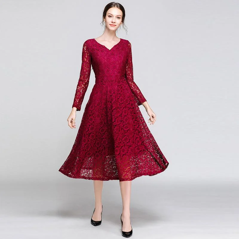 Temperament V-neck mid-length lace big dress