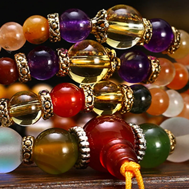 108 Agate Fu Lu Shou Colorful Healing Mala Bracelet