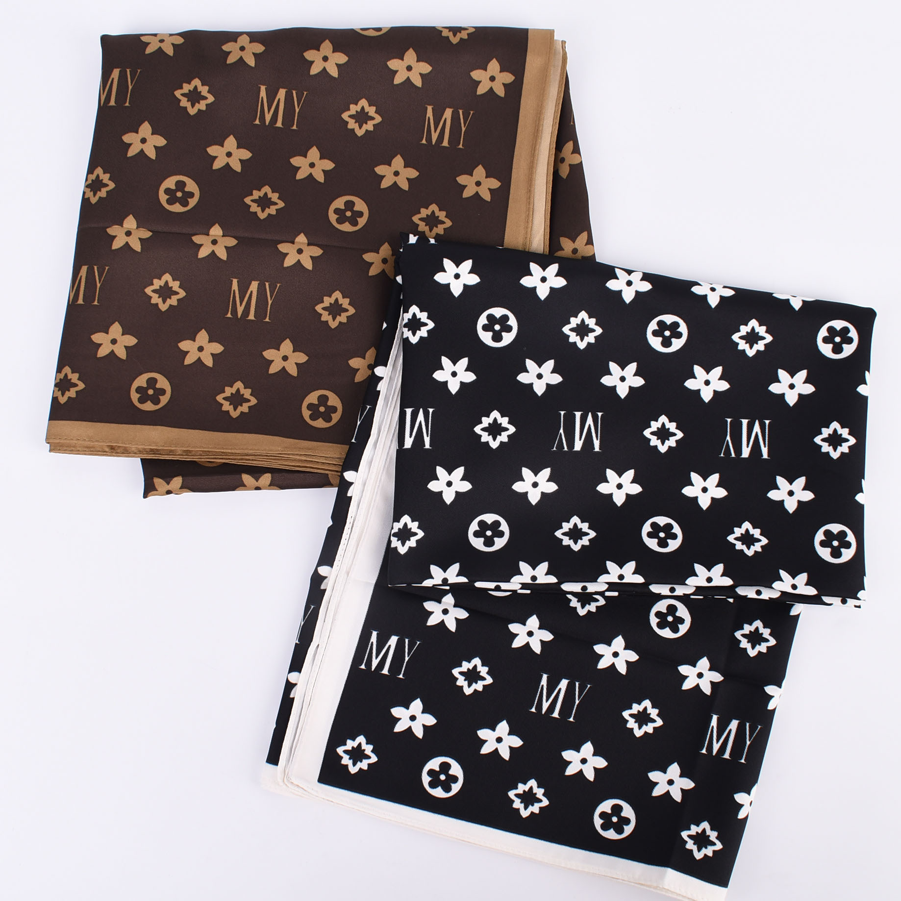 90cm*90cm Coffee TTwill Cotton Printed Square Scarf-vocosishoes