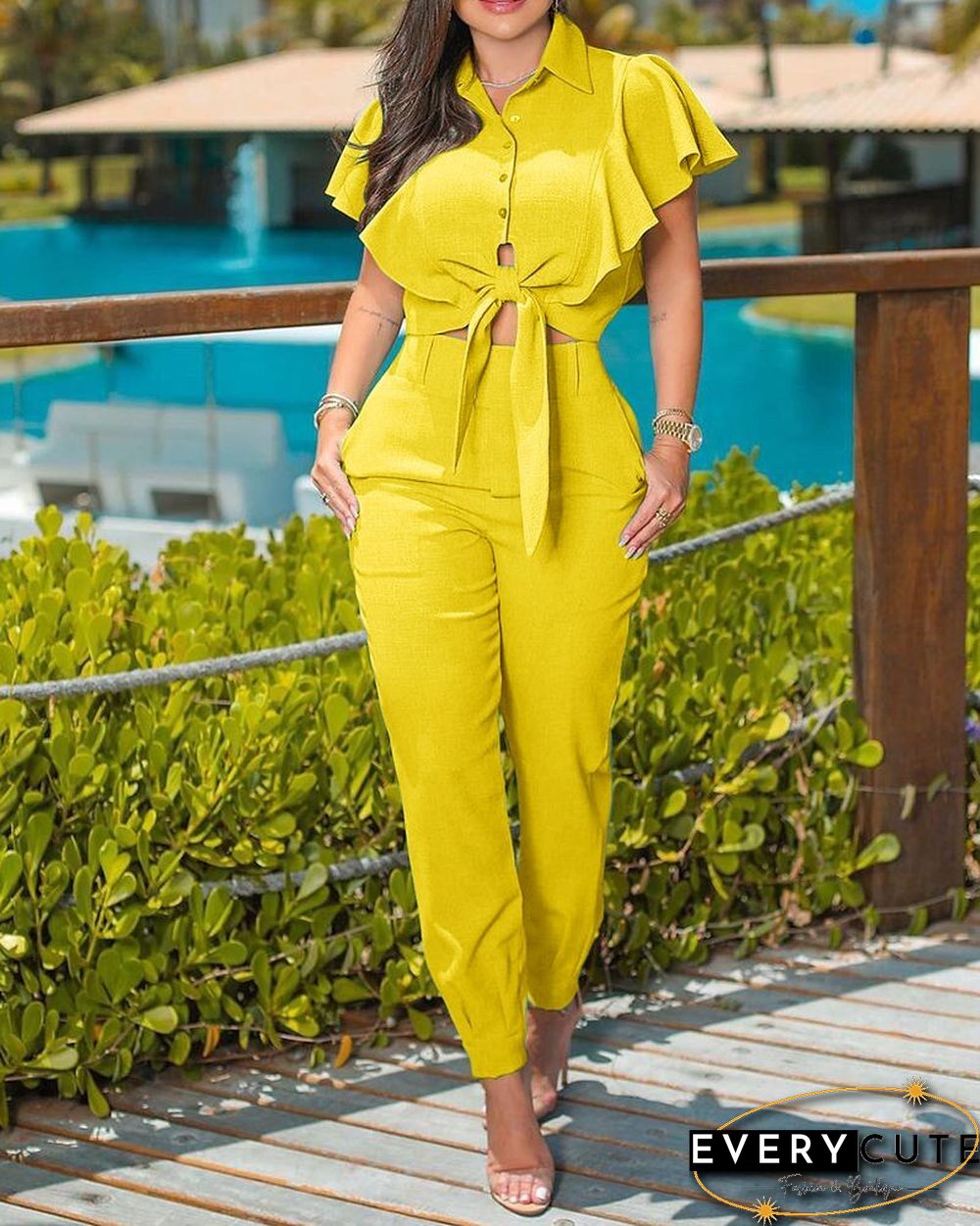Two-piece Summer Women's Ruffled Hem Knotted Design Plain Blouse And Pants Suit