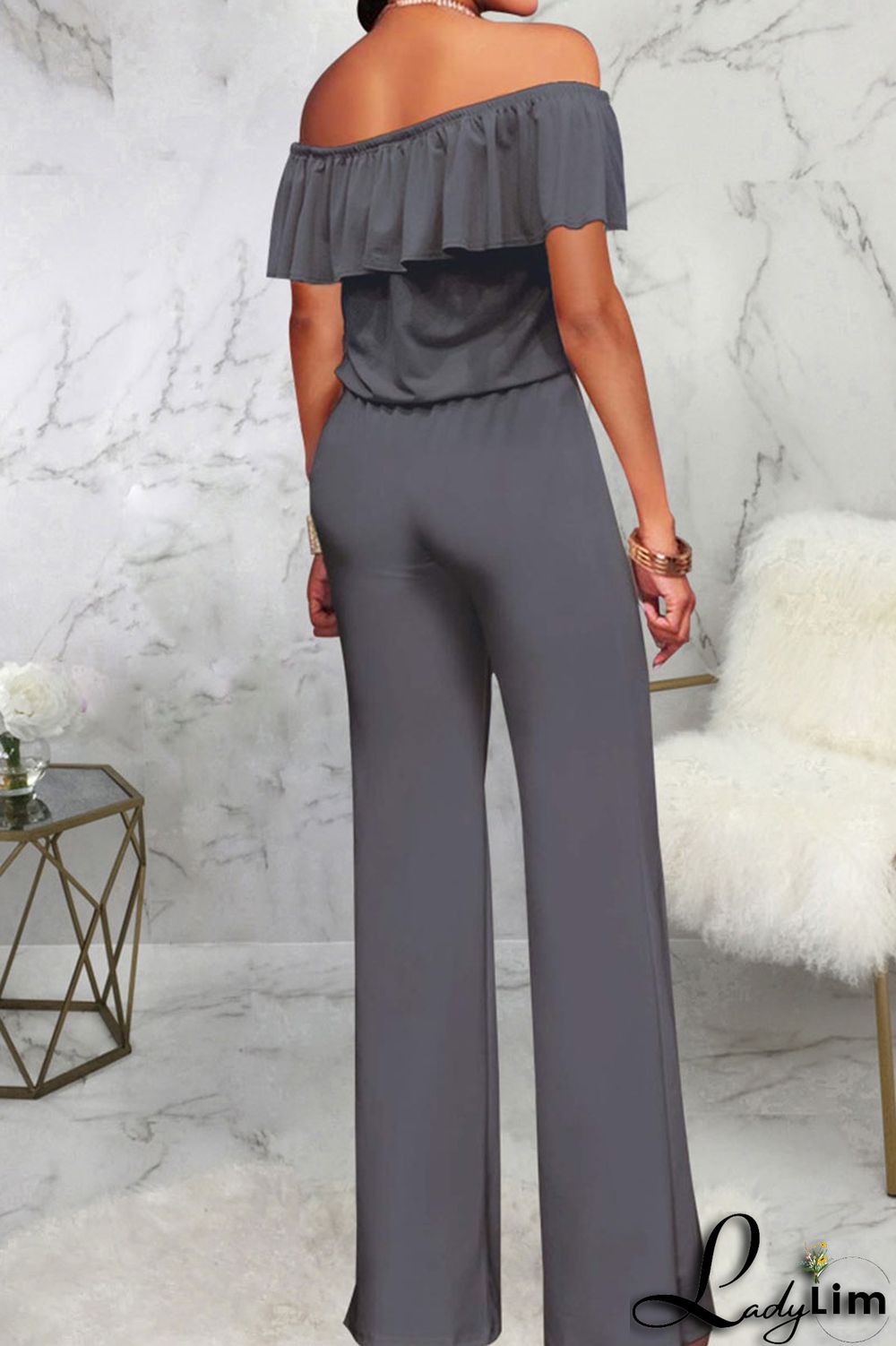 Grey Casual Solid Patchwork Flounce Off the Shoulder Straight Jumpsuits