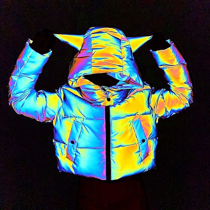 Toloer New Long Sleeve Short Hooded Dazzle Color Reflective Cotton-Padded Jacket Women's Fashion Luminous Cotton-Padded Jacket-Outfit Ideas